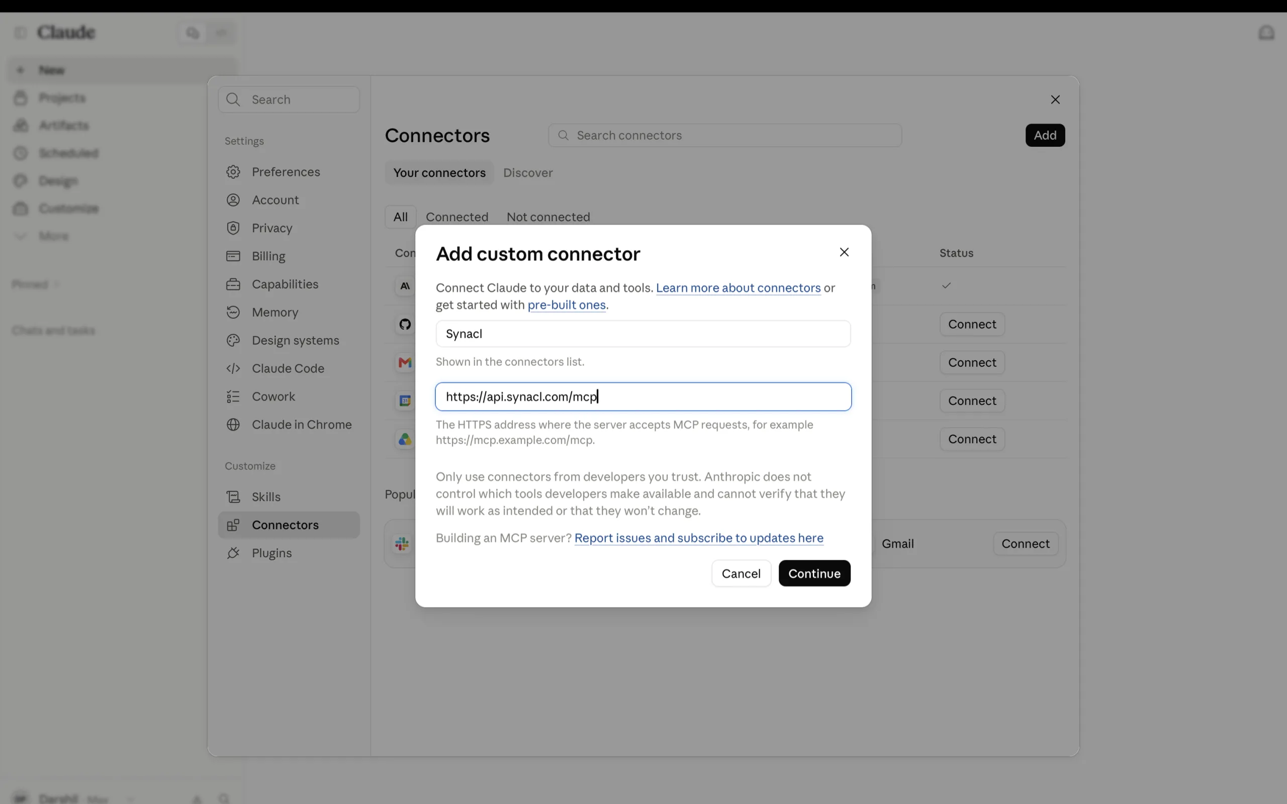 The claude.ai custom connector dialog with the Synacl MCP endpoint URL entered.