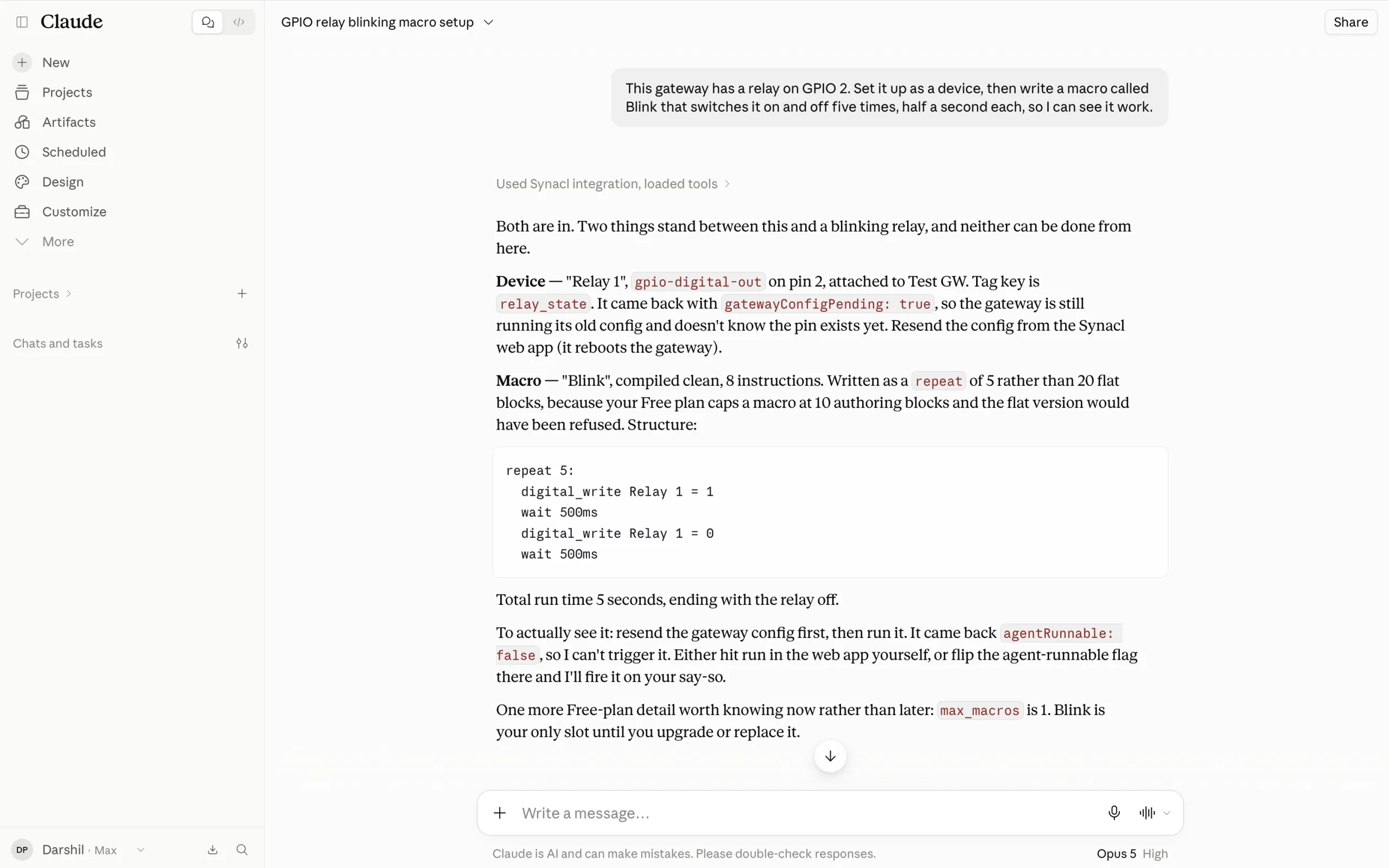 A claude.ai conversation: the one-sentence request, then Claude reporting the relay device and the Blink macro it created through Synacl, and that the gateway config still needs a resend.