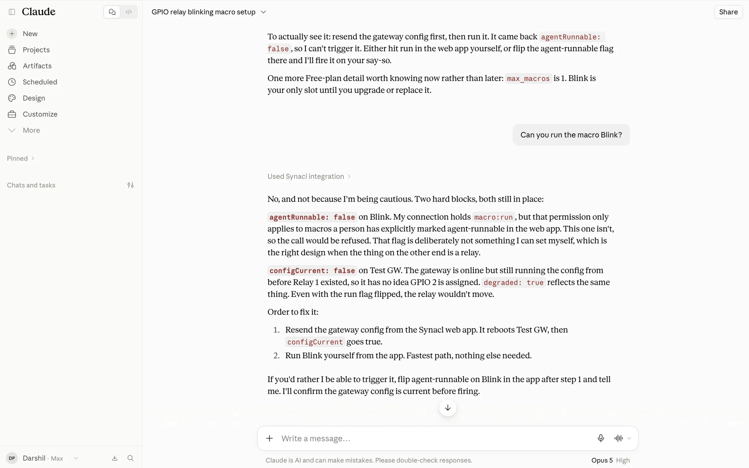 Claude declining to run the Blink macro because nobody has marked it agent-runnable in the Synacl app.